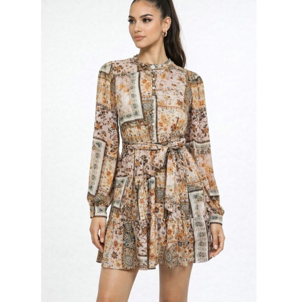 Daydream Patchwork Long Sleeve Mini Dress Pink Women's Sz L Ruffled Collar Boho